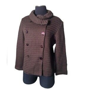 CARINE Designer 100% Wool Sweater Chunky Knit Brown Preppy Winter Old Money